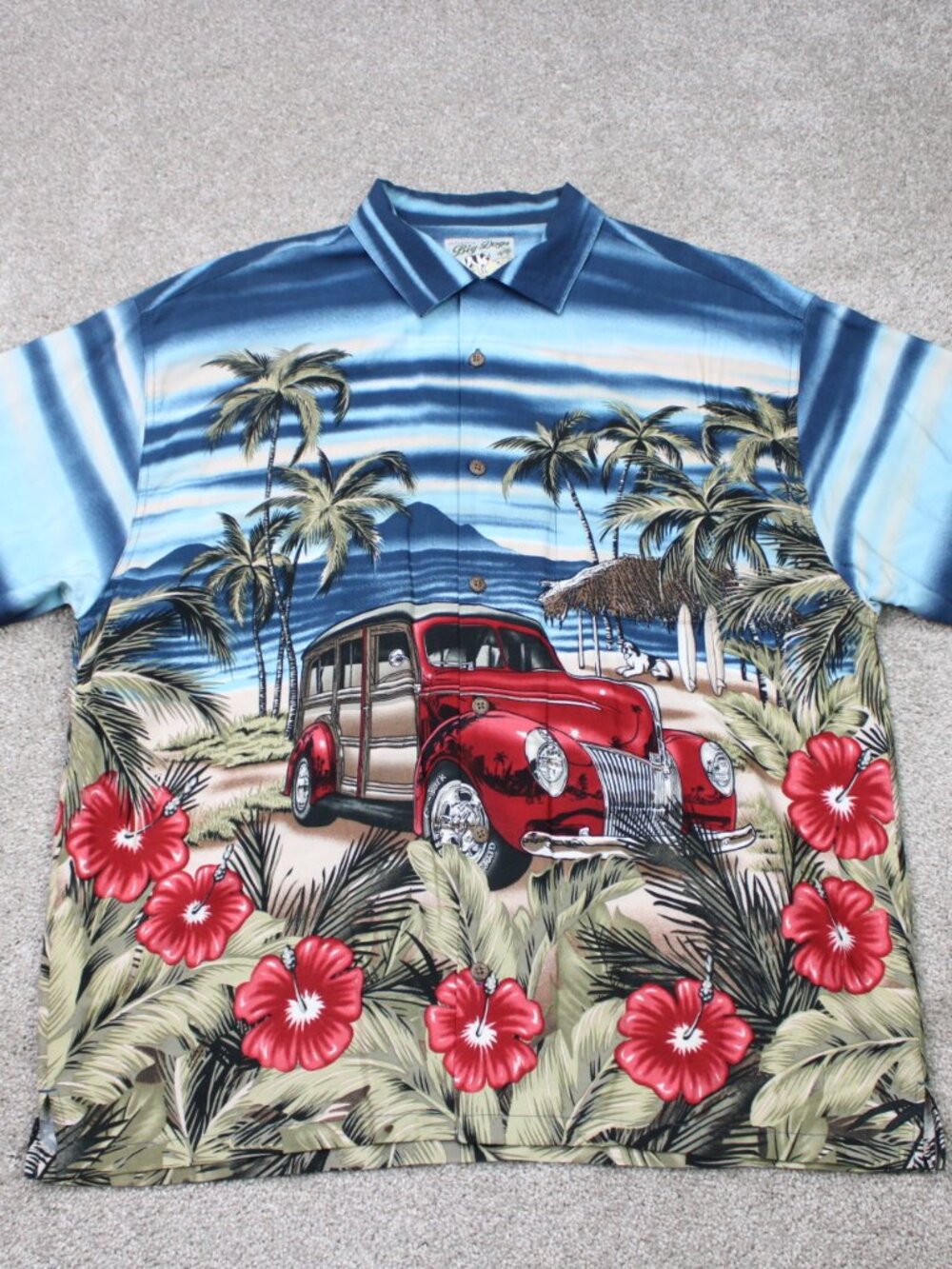 Big Dogs Camp Shirt Mens Large Blue Hawaiian Rayon Loop Collar Short Sleeve